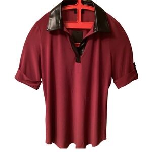 Jones New York Signature Bordeaux Red Top Faux Leather Collar Roll Tab Size S